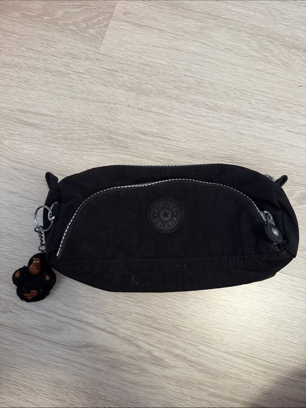 Kipling Black Nylon Pencil Case with Monkey Charm Keychain
